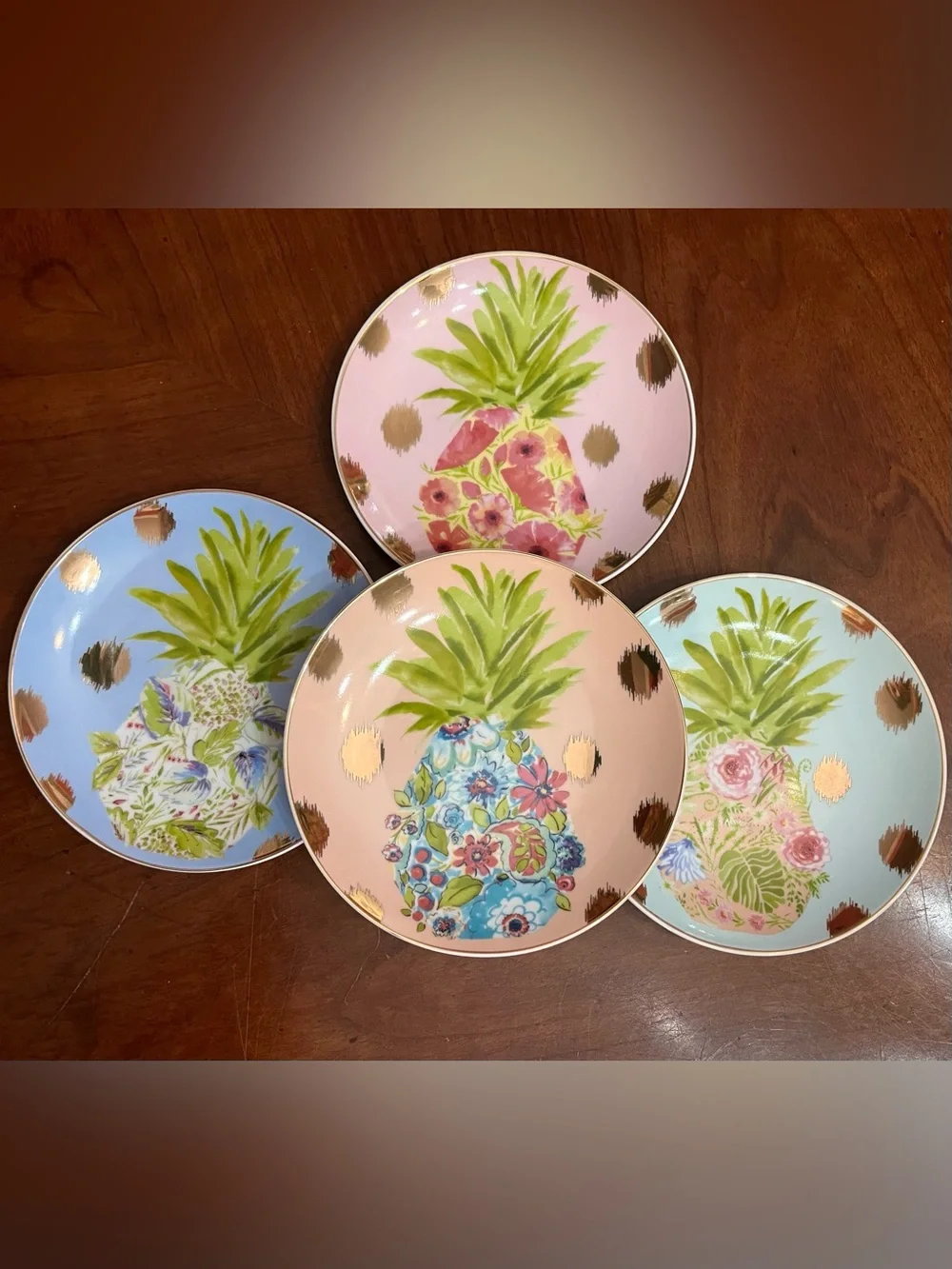 VTG Pier 1 Imports Pineapple Appetizer Plates Pastel Gold Polka Dot Set of 4